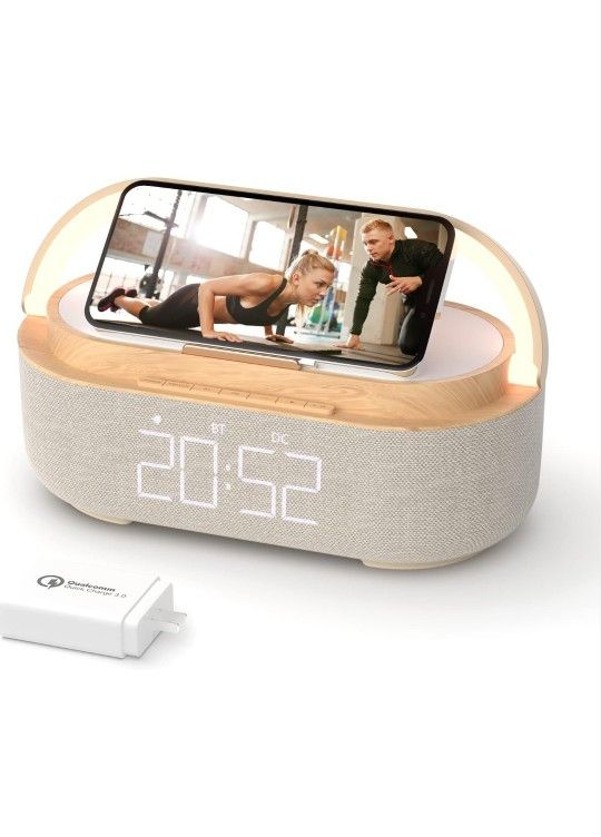 COLSUR Bluetooth Speaker Alarm Clock with Wireless Charger, LED Night Light, 2500mAh Battery - For Bedroom, Home