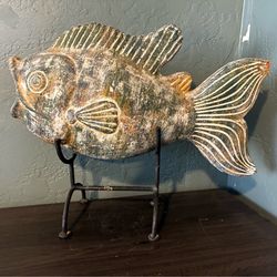 Vintage Fish Clay TerraCotta Sculpture w/ Stand. Folk Art. Decorative.