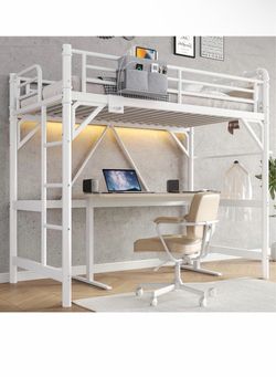 White Metal Loft Bed with Desk and LED Lights