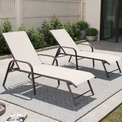 2-Piece Metal Outdoor Chaise Lounge with Adjustable Back Lounge Chair Set Aluminum Frame Textilene Fabric in Champagne