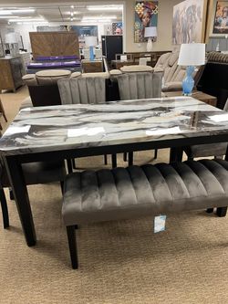 Modern Style 6 pc dining set w/Grey & cream marble look top & upholstered chairs