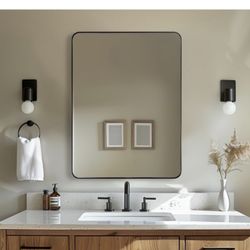 Wall Mirror for Bathroom with Stainless Steel Metal Frame, 22"x30" Rectangle Rounded Corner Frame, Matte Black Finish
