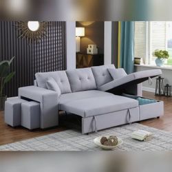 Pull out sofa bed 93"W Light Gray Linen Fabric Reversible Sleeper Sectional with Storage Chaise and 2 Stools