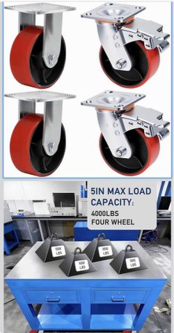 5 Inch Industrial Grade Caster Wheels,Heavy Duty Polyurethane Caster Set of 4 with Dual Ball Bearing,Solid Wheel 4000 Lb,Include M10 screw,Plate Swive