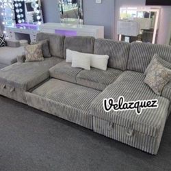 ✅️✅️3 pc Smoke grey corduroy fabric sectional sofa with double storage chaise and pop up sleep area in center✅️✅️
