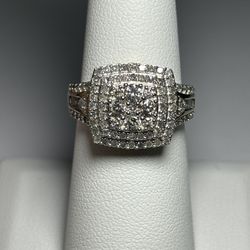 14KYG over .925 Sterling Silver 1.00ctw Genuine Diamond Halo Cocktail Ring Size 7