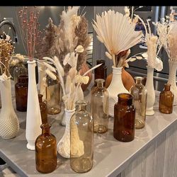 Assortment Of 28 Vases, Paper Roses, Dried Flowers