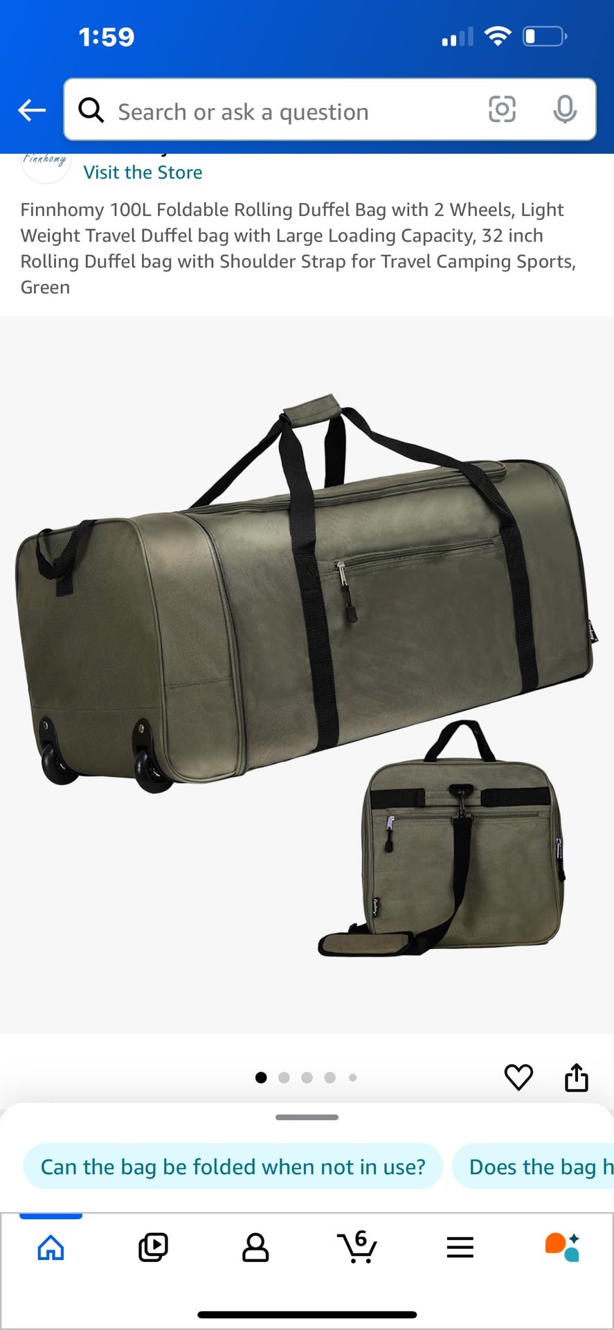 finnhomy 100L foldable rolling duffel bag