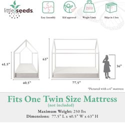 Little Seeds Skyler Montessori-Style House Floor Bed Frame for Kids and Toddlers, Metal Canopy Frame, No Box Spring Required, Twin, Off White