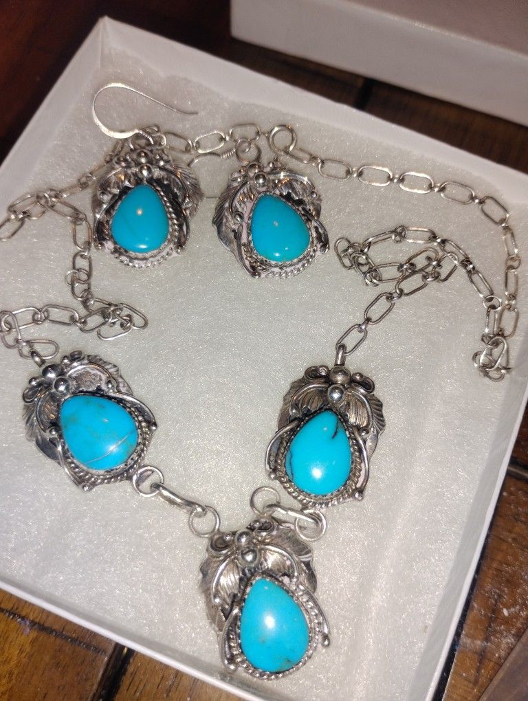 Solid Sterling Silver And Turquoise Set
