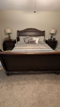 Cal King Complete Bedroom Set with Sleigh Bed Dark Wood