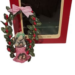 Carlton Cards 1994 Holiday Swing Time Ornament Skunk Pink Dress Holly