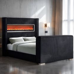 SUMTER ACACIA WOOD BED WITH FIREPLACE DISPLAY - 13 COLORS - 5 LEVEL ADJUSTABLE BRIGHTNESS - USB PORTS - AVAILABLE IN KING AND QUEEN SIZE