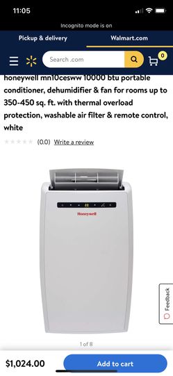 honeywell mn10cesww 10000 btu portable conditioner, dehumidifier & fan for rooms up to 350-450 sq. ft. with thermal overload protection, washable ai