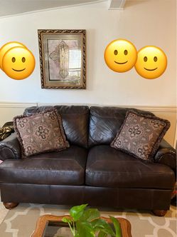 3 piece Brown leather Living-room furniture with Throw Pillows