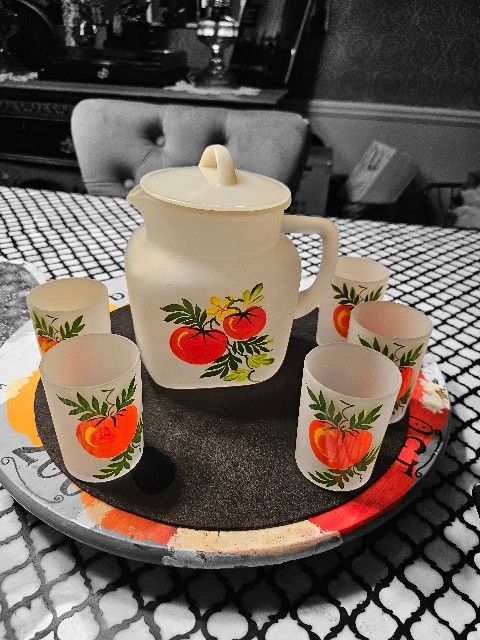 Vintage Frosted Glass And Hand Painted Pitcher And Glass Set