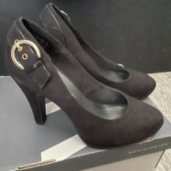 Black Suede Heels, Buckle Embellishment
