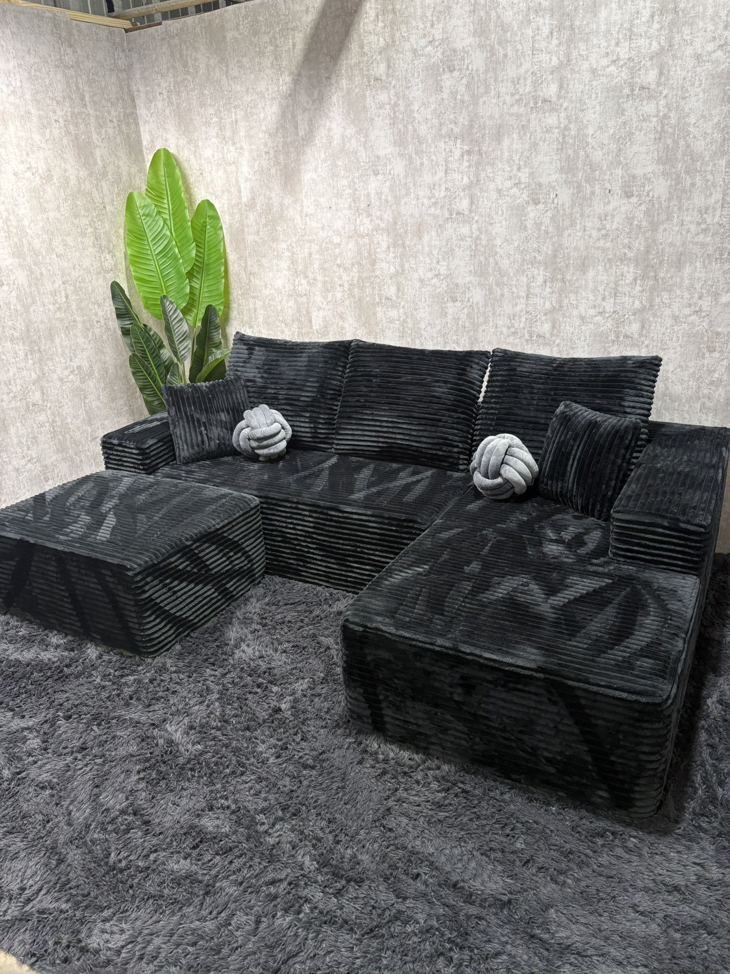 Famous Boneless Modern Black Corduroy Sectional Sofa with Ottoman - FREE DELIVERY $550