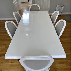 98” long white lacquer Chrome Table with 6 linen tuft nailhead gray and white  wood quality chairs