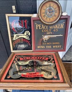 Vintage Western Firearm Sign Lot - Winchester Mirror & Colt Peacemaker Clock