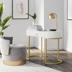 Elegant White and Gold Oval Office Home Table Desk