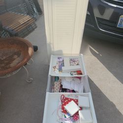 LARGE STORAGE CONTAINER W/2 TOP TRAYS.  w/ wrapping paper, ribbons inside included