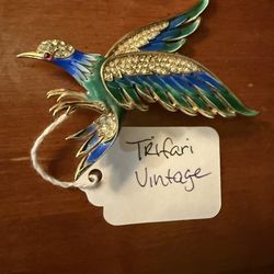 Vintage Trifari Enamel Bird Brooch Rare 1960’s Large Pin
