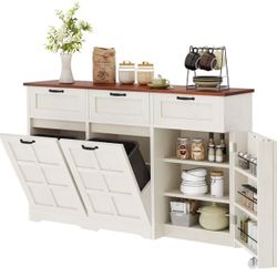 Double Trash Bin Kitchen Island with Tilt Out Trash Can Storage