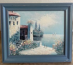 Framed Seaside & Sailboats Painting