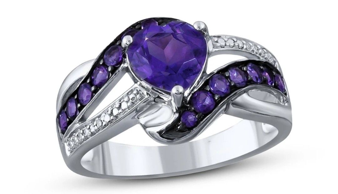 Amethyst & Diamond Heart Ring Sterling Silver