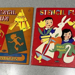 Two Vintage Stencil Fun Books By Whitman. 1959 Simple Objects. 1961 Indians.