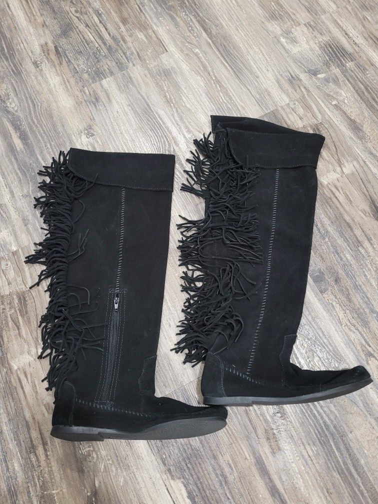 NEW Minnetonka x Maje Black Suede Fringe Knee High Boots Sz 10 Boho Western Chic Moccasin