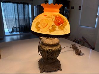 Antique Brass Plume & Atwood Duplex Oil Lamp/ reverse painted lamp