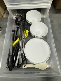 Crate and Barrel White Porcelain Plates & Bowls + Kitchen Cookware + Knifes + Knife Sharpener and more