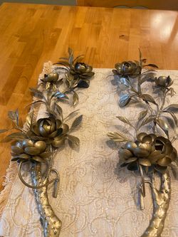 MCM look metal gold floral wall sconces taper candle holders. Set of two. 18 x 5 inch. Vintage.
