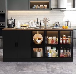 77.6" Modern Elegant Black Kitche n Island with 3 Drawers, Lights and Glass Doors