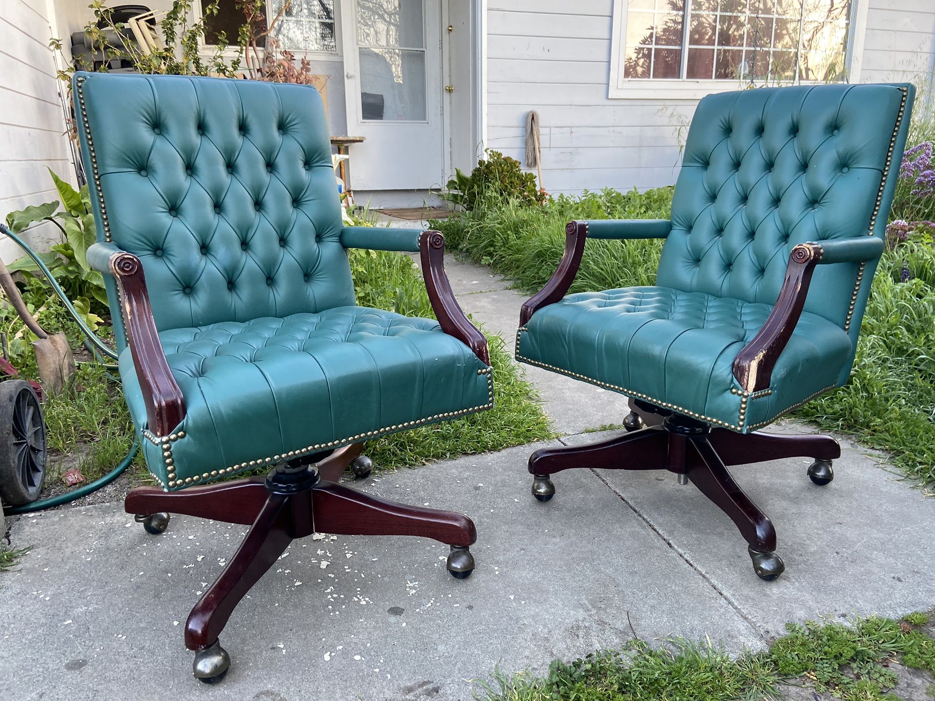 Vintage Tufted Faux Leather Swivel Rolling Chairs Some Scuffs And Marks 