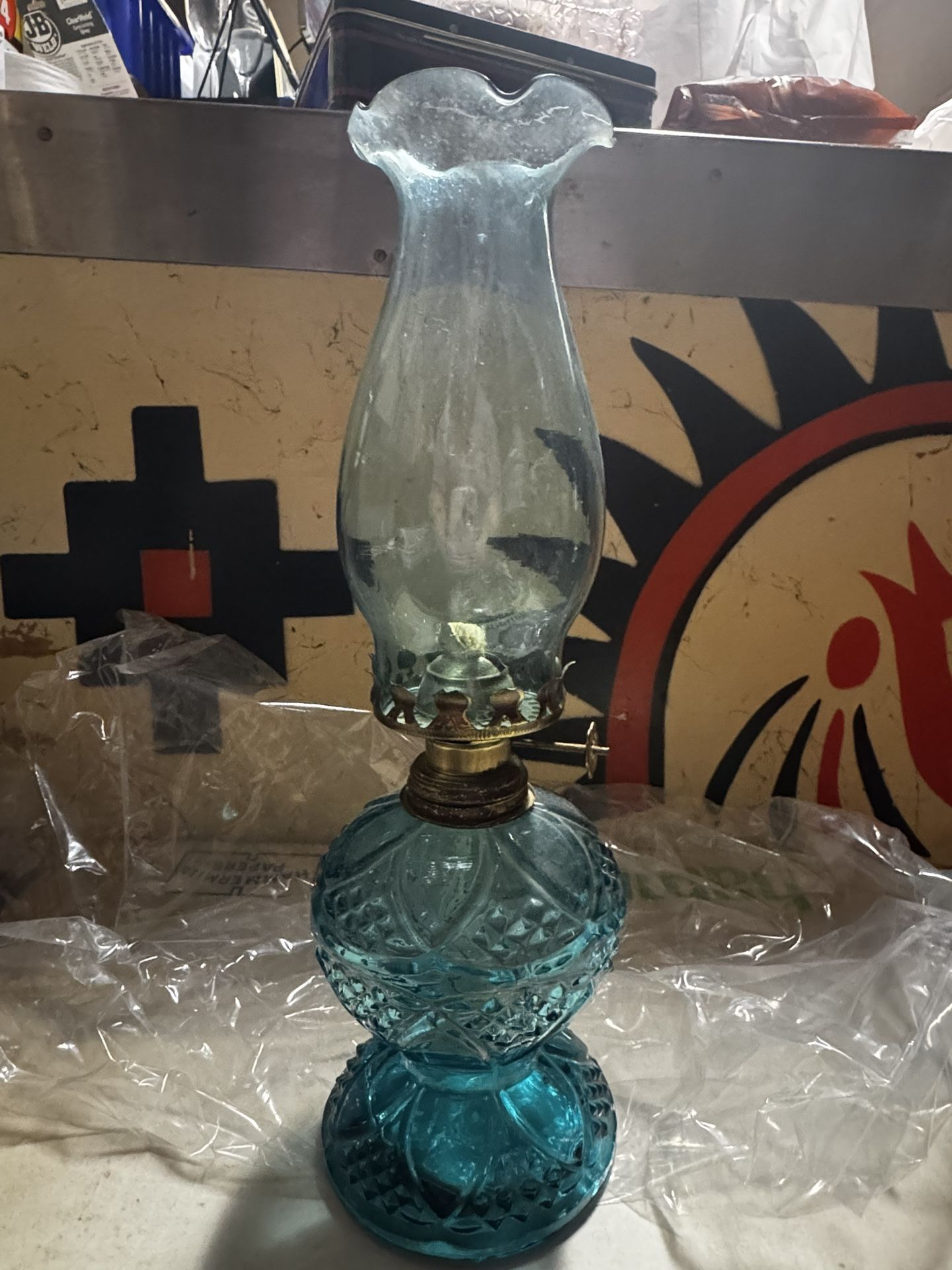 Vintage Antique Blue Glass Oil/Kerosene Lamp