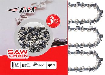 E & S 3 Pack 20 Inch Chainsaw Chain .325" Pitch .058" Gauge 78 Drive Links Semi-Chisel Chain Saw Chains For Husqvarna, Poulan, Craftsman, Greenworks A