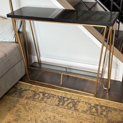 Modern Console / Sofa Table – Black Top w/ Gold Metal Frame + Glass Shelf