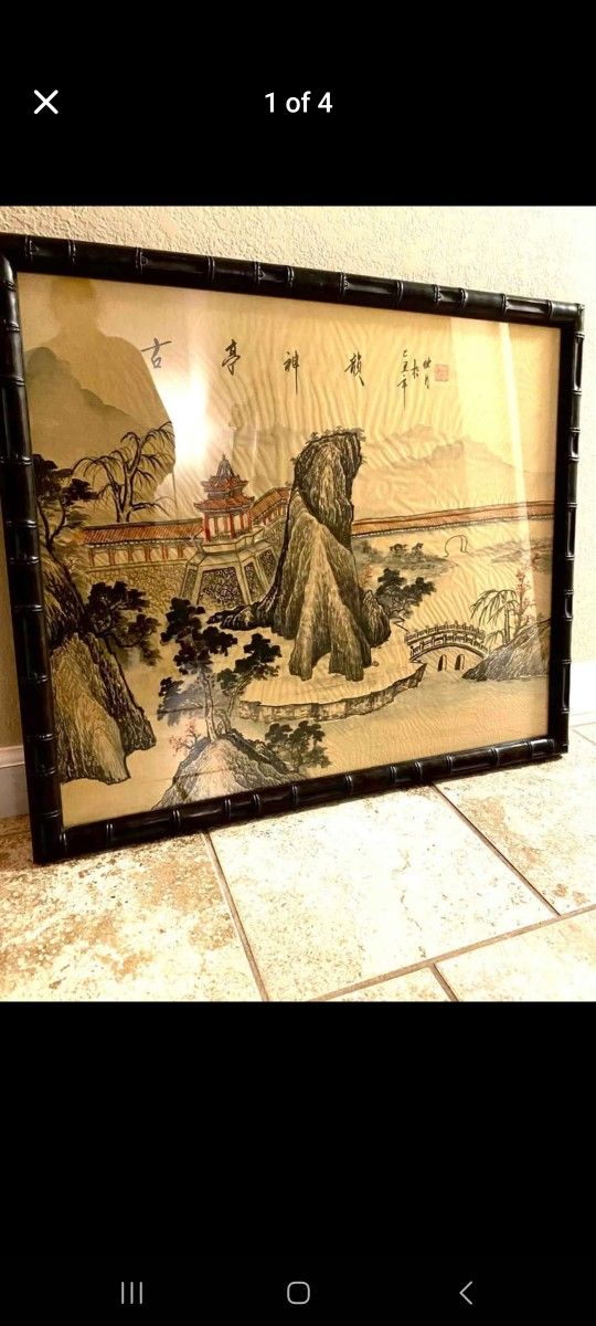 Vintage silk painted asian landscape