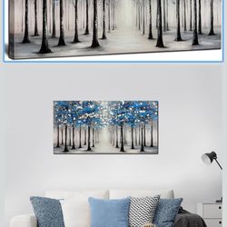Large Forest Wall Art for Living Room Blue and White Trees Landscape Painting Modern Textured Oil Painting for Bedroom Office Home Decor 20x40 Inch