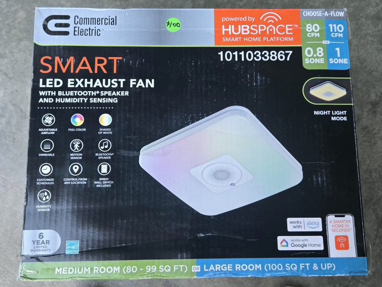 Commercial Electric Smart LED Exhaust Fan With Bluetooth Speaker And Humidity Sensing Retail $199