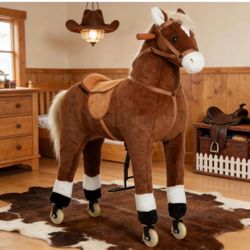 Kids Ride-On Plush Horse Toy with Wheels