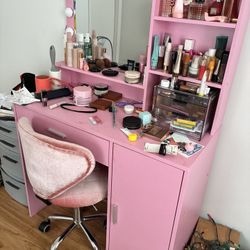 Pink Vanity w/ Lights + Chair