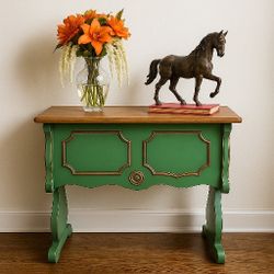 One Of A Kind Vintage Storage Table. Custom Finished In Green And Bronze