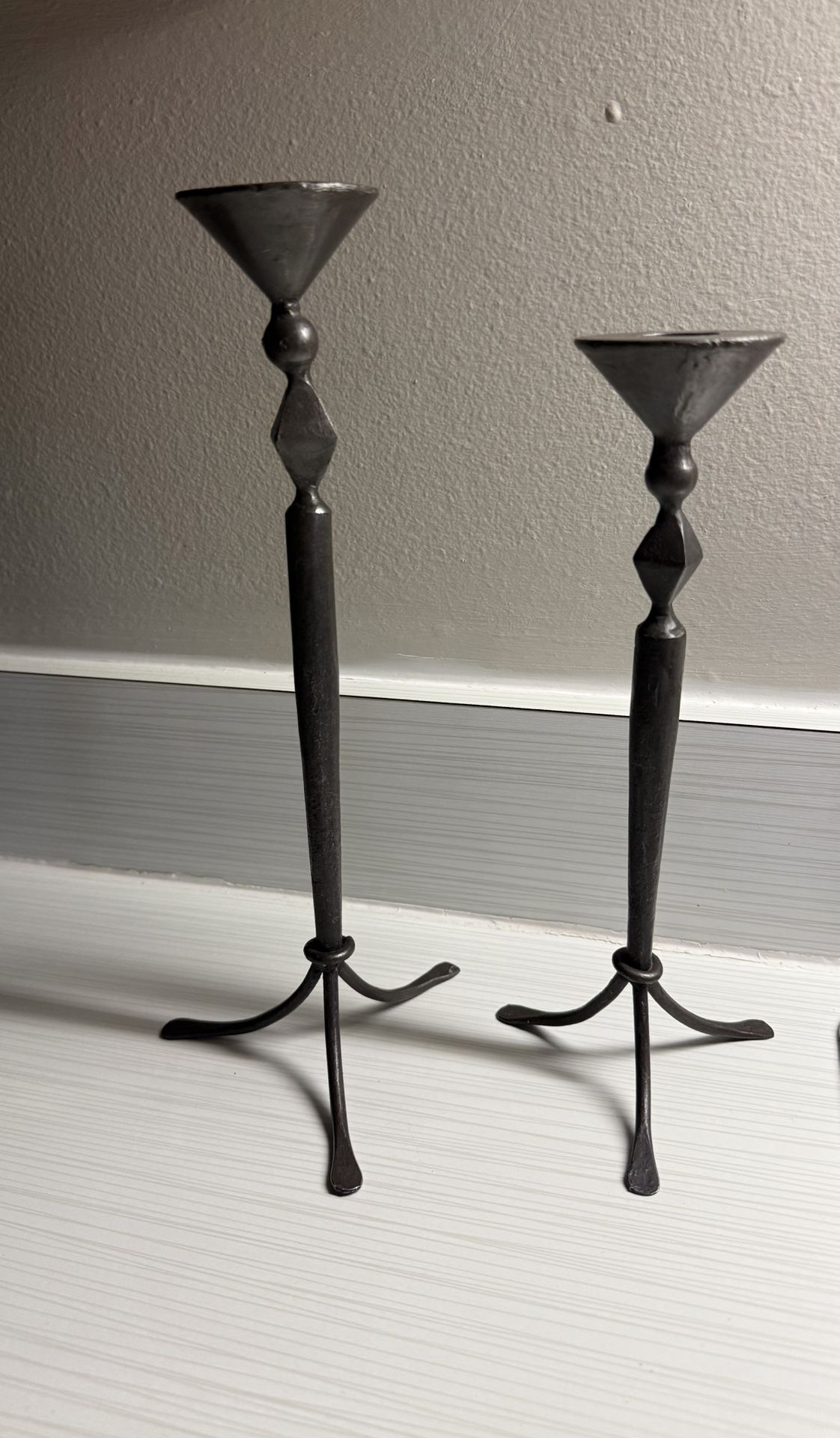 Vintage Brutalist Cast Metal Candle Holders Set Of 2