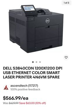 DELL S3840CDN 1200X1200 DPI USB ETHERNET COLOR SMART LASER PRINTER 4N6VM SPARE