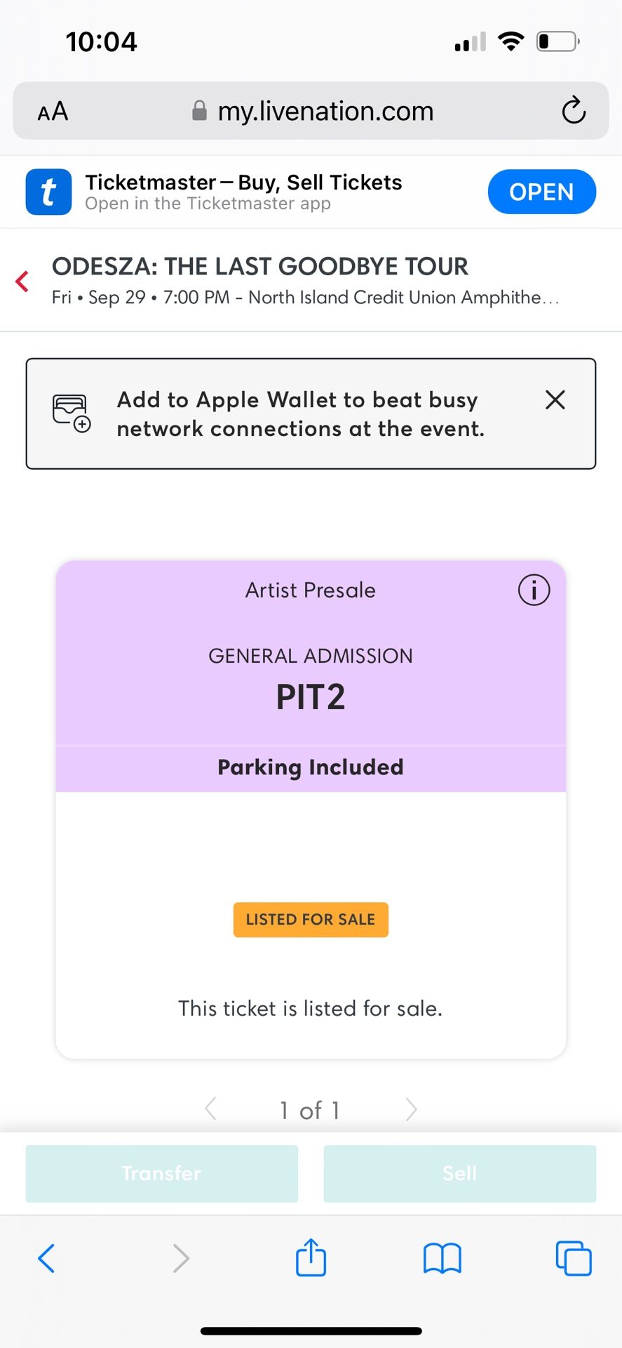 Odesza Ticket (Chula Vista 9/29)