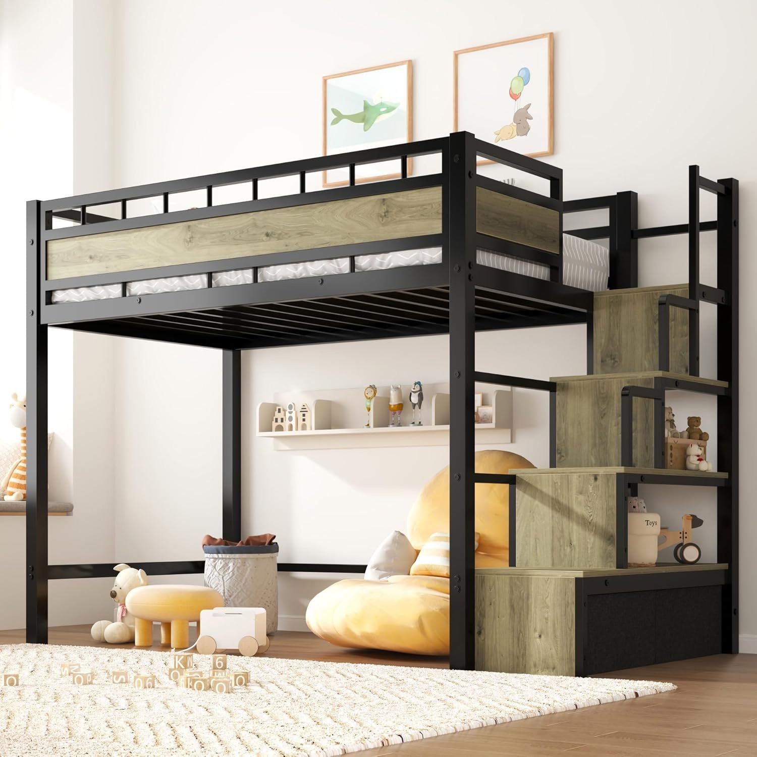 soges Twin Size Metal Loft Bed with Storage Stairs & Drawers,Space-Saving Heavy-Duty Bed Frame for Teens and Junior, No Box Spring Needed, Easy Assemb